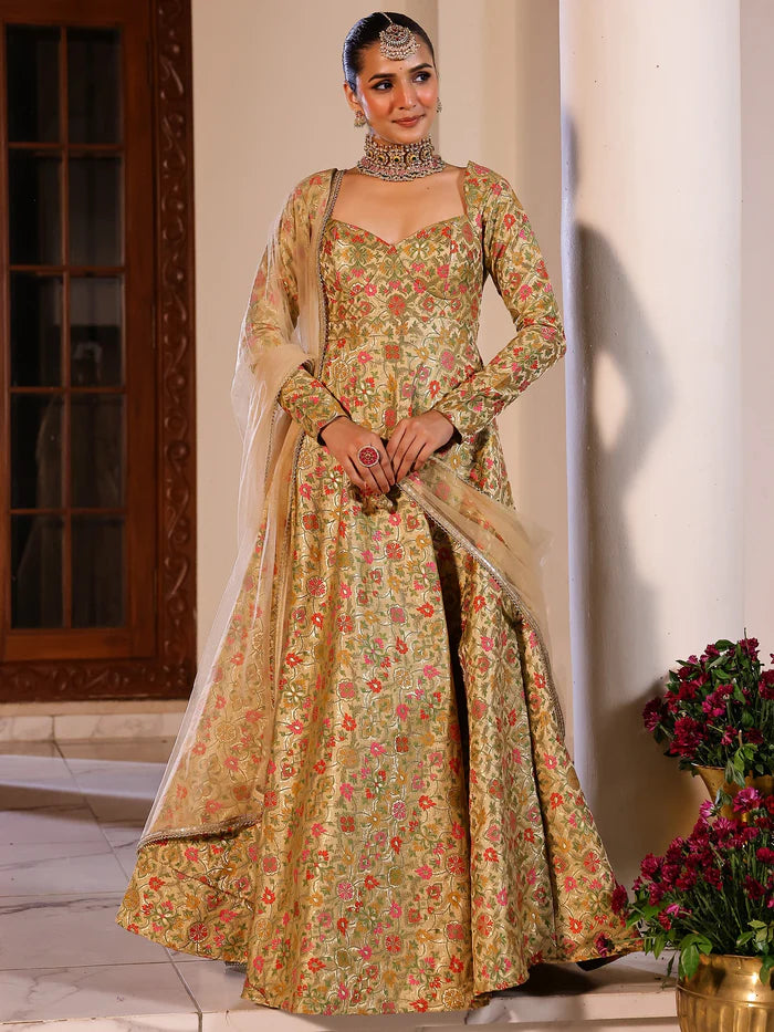 Viyanka Kimkhab Brocade Beige Anarkali