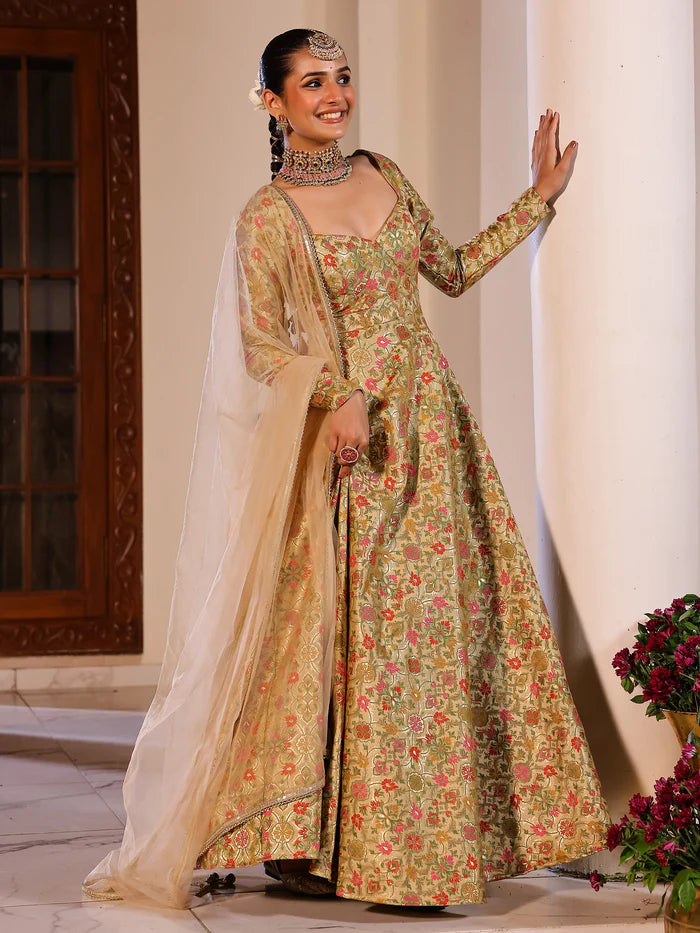 Viyanka Kimkhab Brocade Beige Anarkali
