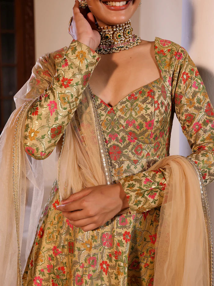 Viyanka Kimkhab Brocade Beige Anarkali