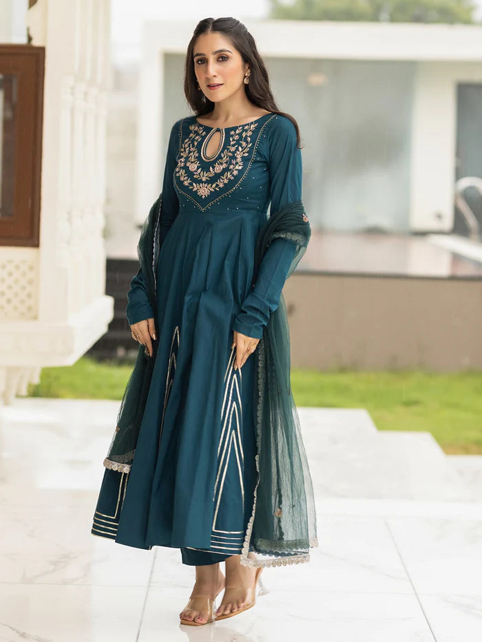 Viyanka Cotton Teal Anarkali Set