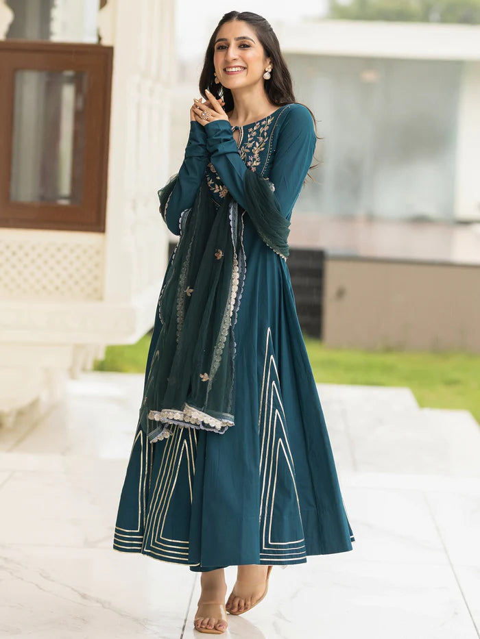 Viyanka Cotton Teal Anarkali Set