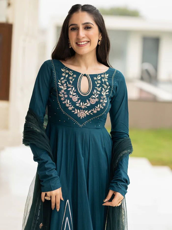 Viyanka Cotton Teal Anarkali Set