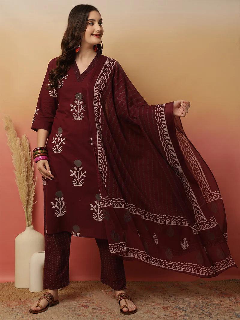 Viyanka Maroon Cotton Printed Kurta Set