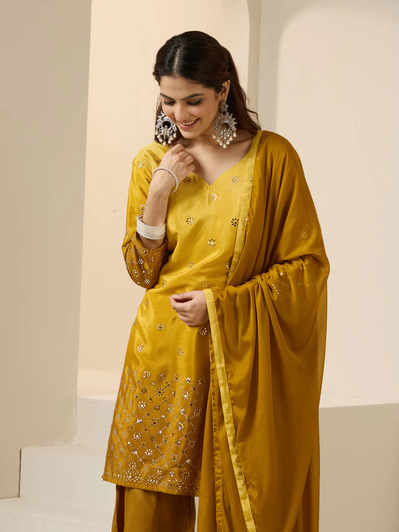 Viyanka Mustard Poly Silk Foil Printed Kurta Set