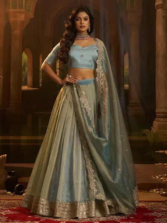 Viyanka Organza Silk Festive Blue Lehenga