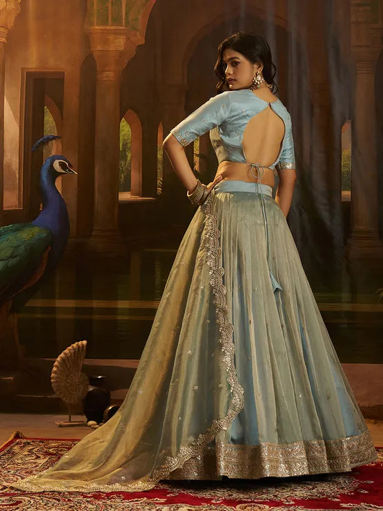 Viyanka Organza Silk Festive Blue Lehenga