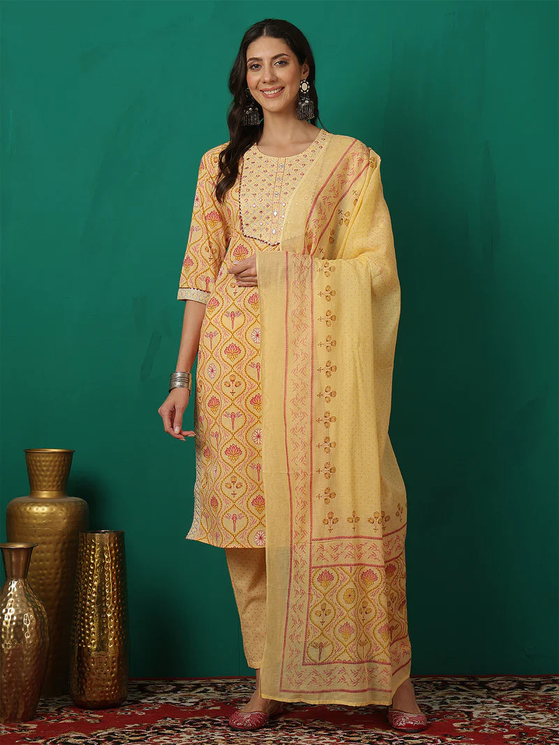 Viyanka Yellow Cotton Printed Kurta Set