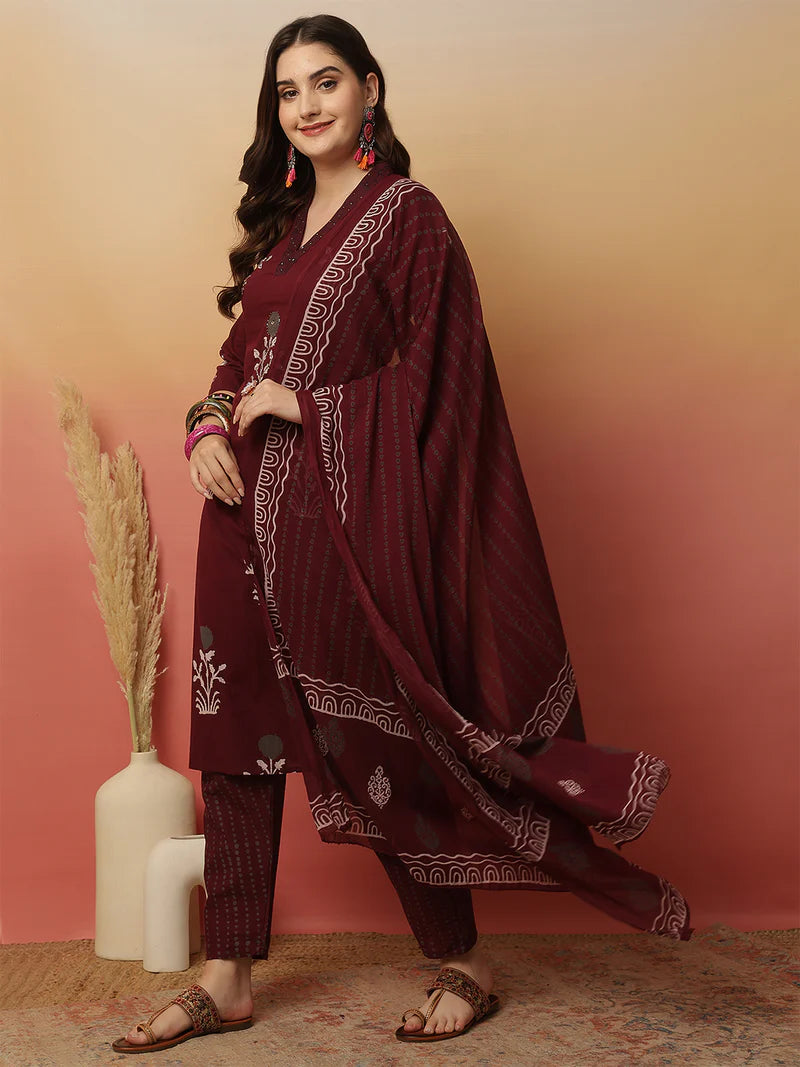 Viyanka Maroon Cotton Printed Kurta Set