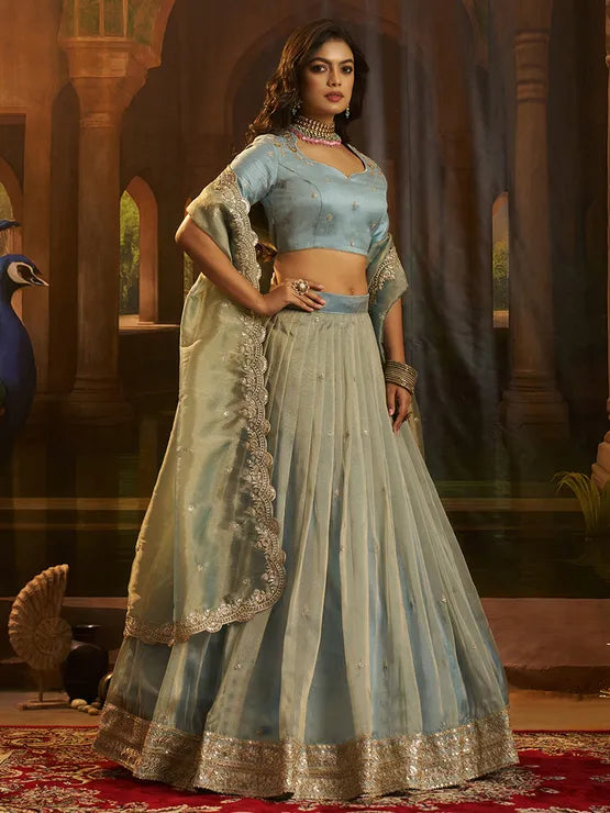 Viyanka Organza Silk Festive Blue Lehenga