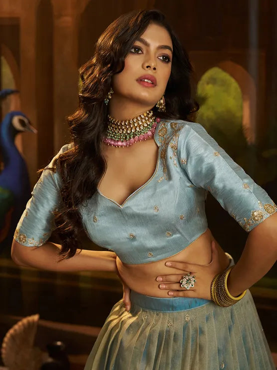 Viyanka Organza Silk Festive Blue Lehenga