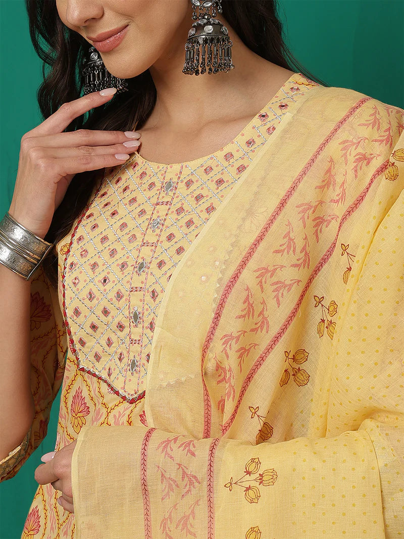Viyanka Yellow Cotton Printed Kurta Set