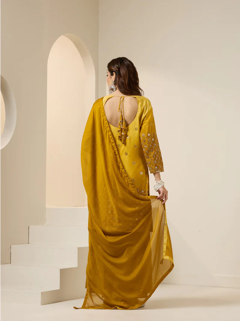 Viyanka Mustard Poly Silk Foil Printed Kurta Set