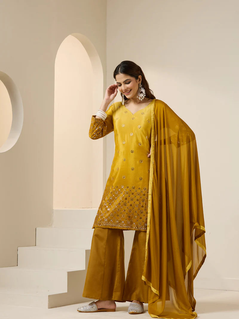 Viyanka Mustard Poly Silk Foil Printed Kurta Set