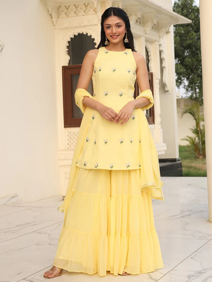 Viyanka Iconic Yellow Georgette Sharara Set